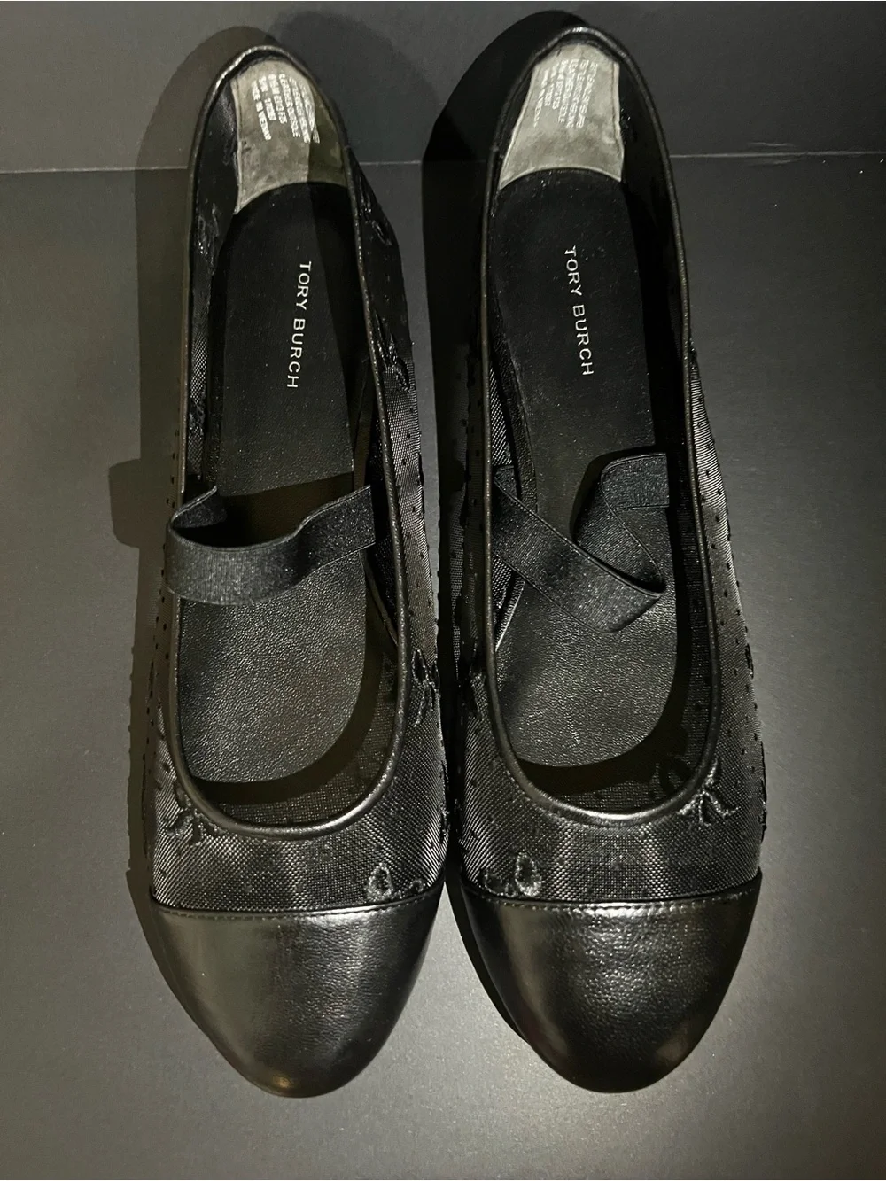 New Tory Burch Black Textured Ballet Flats with Elastic Strap
